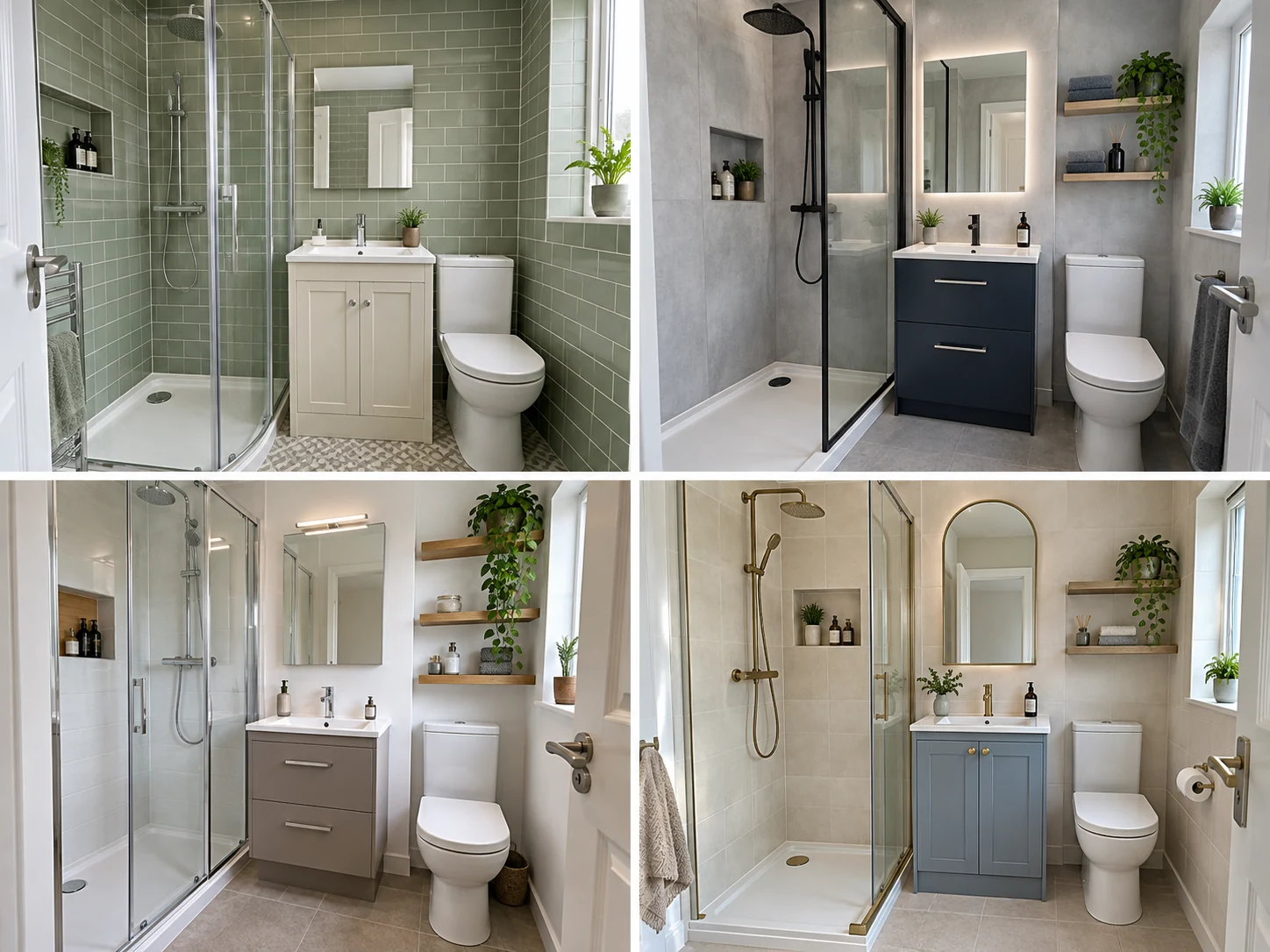 Compact shower room with white walls, oak shelving, taupe vanity, chrome frame